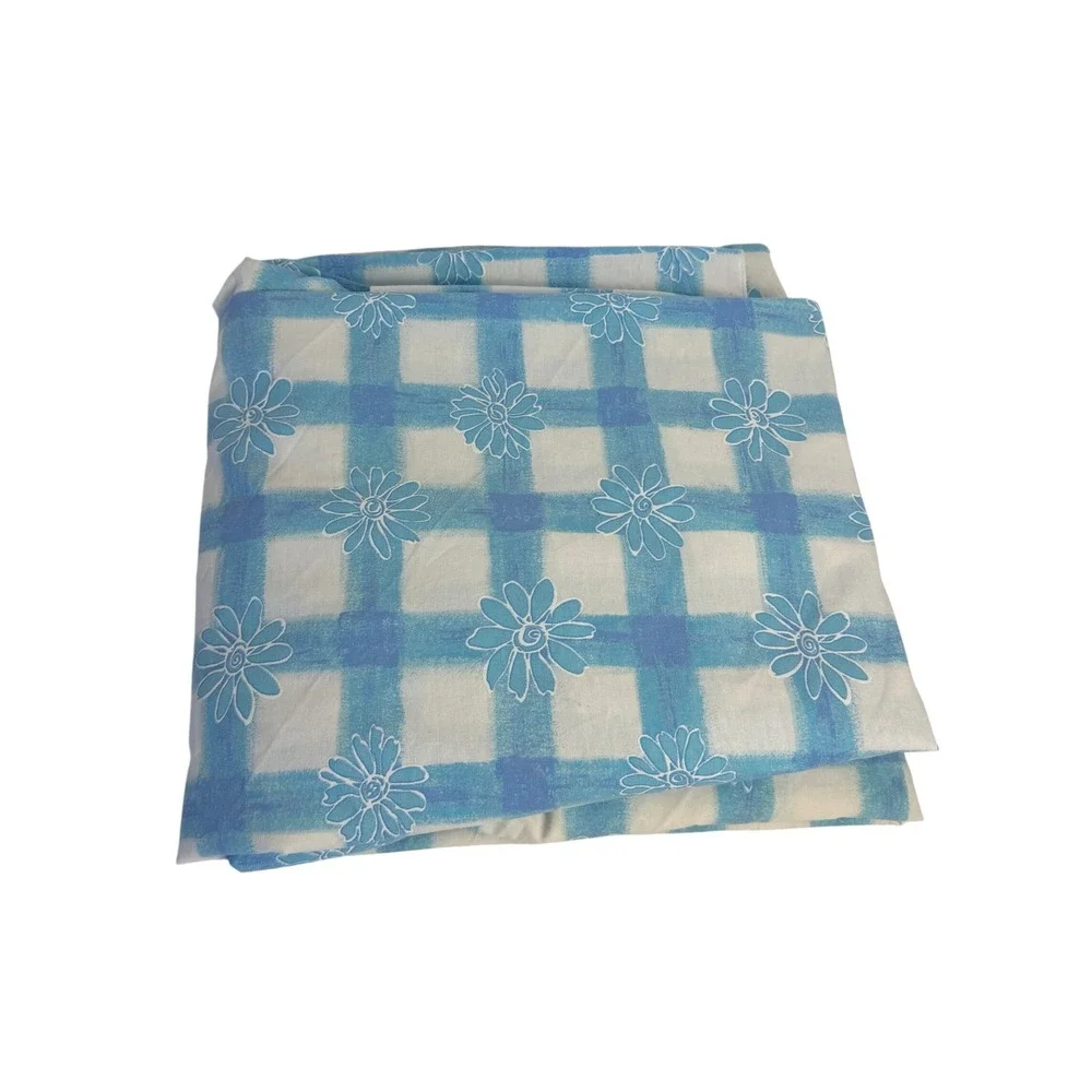 Vintage 70s Full Fitted Sheet Bedding Blue Gingham Daisy Flower Retro Fabric